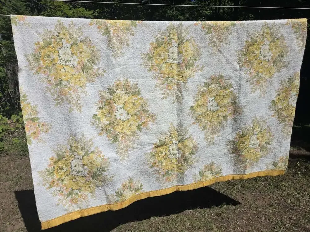 2 Vtg Floral Thermal Blankets Yellow Satin Trim 89x70 Twin Handmade 70s Groovy